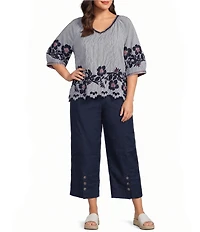 John Mark Plus Size Stripe Floral Applique Embroidery Eyelet Scalloped Hem Top
