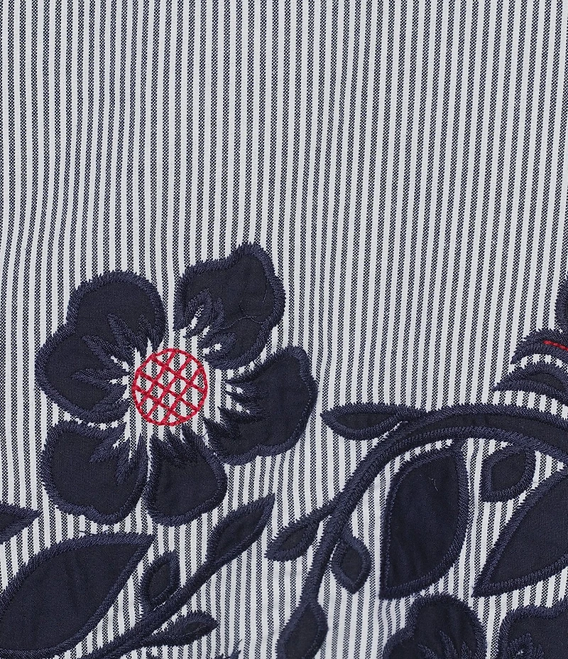 John Mark Plus Size Stripe Floral Applique Embroidery Eyelet Scalloped Hem Top
