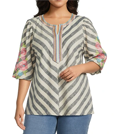 John Mark Plus Size Stripe Floral Embroidered 3/4 Bubble Sleeve Split Round Neck Tunic