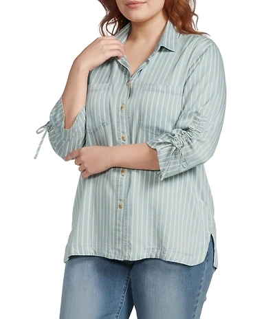 John Mark Plus Size Stripe Wire Collar 3/4 Cinch Tie Sleeve Button Front Blouse