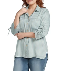 John Mark Plus Size Stripe Wire Collar 3/4 Cinch Tie Sleeve Button Front Blouse