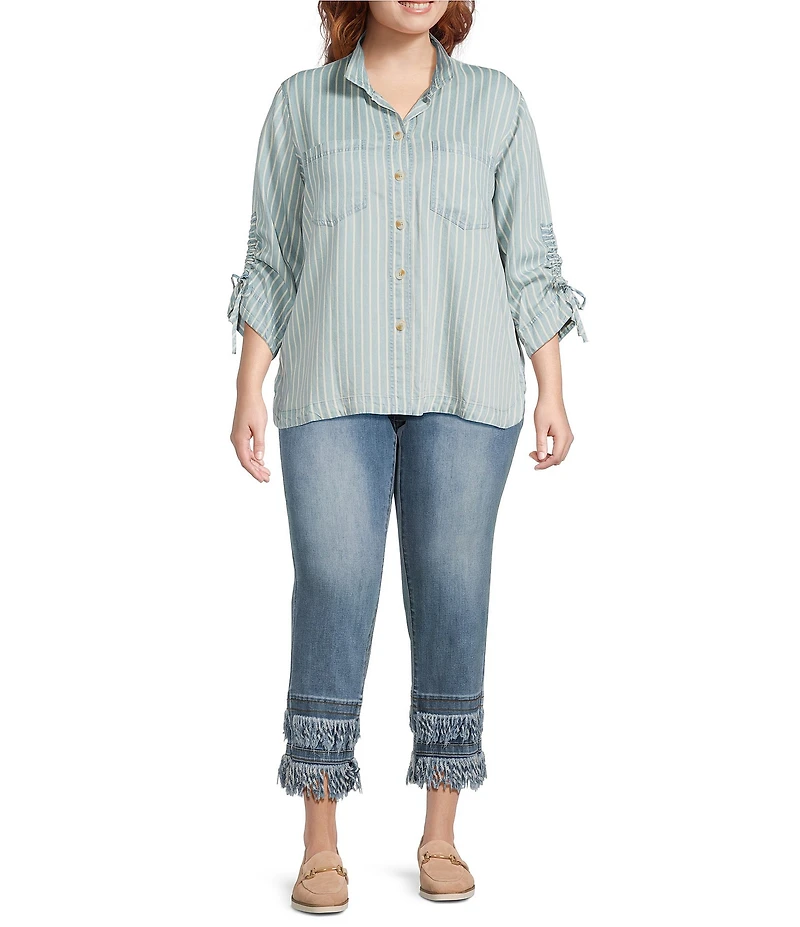 John Mark Plus Size Stripe Wire Collar 3/4 Cinch Tie Sleeve Button Front Blouse