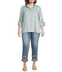 John Mark Plus Size Stripe Wire Collar 3/4 Cinch Tie Sleeve Button Front Blouse