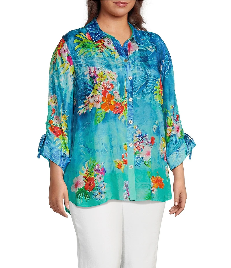 John Mark Plus Size Tropical Floral Print Point Collar Elbow Cinched Tie Sleeve Button Front Tunic