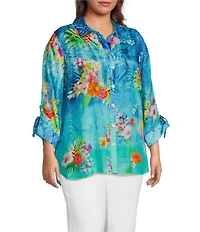 John Mark Plus Size Tropical Floral Print Point Collar Elbow Cinched Tie Sleeve Button Front Tunic