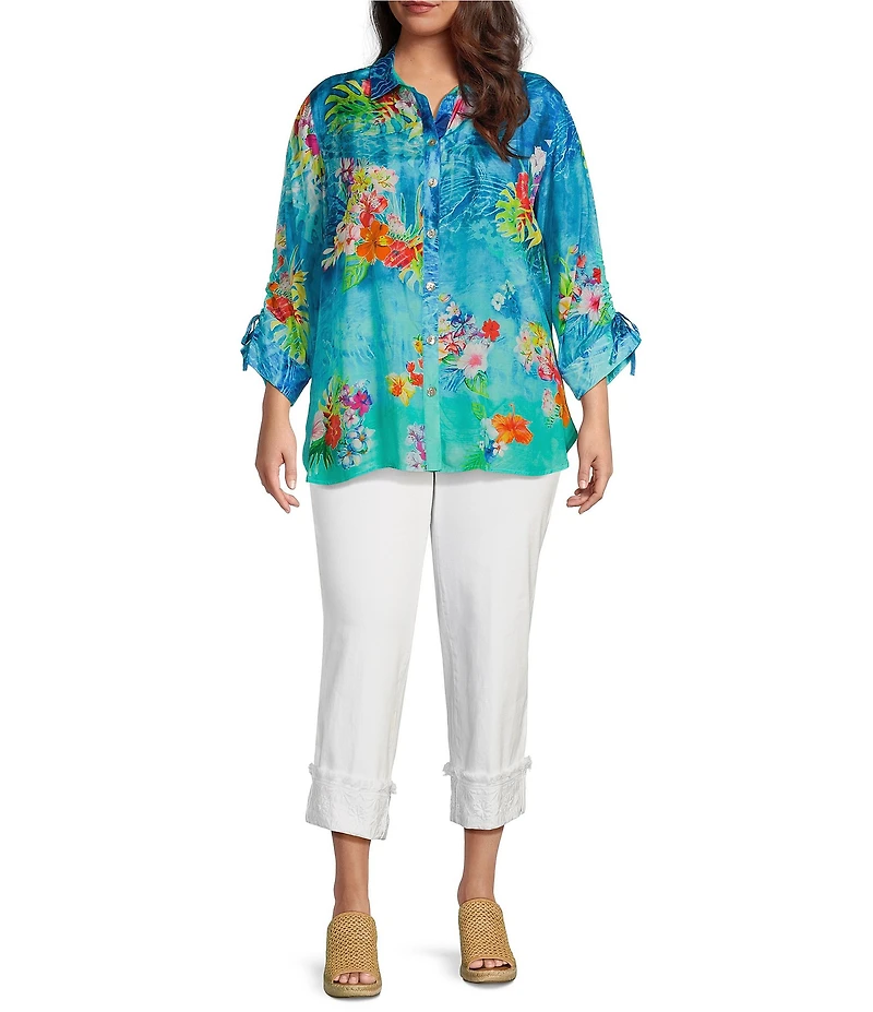 John Mark Plus Size Tropical Floral Print Point Collar Elbow Cinched Tie Sleeve Button Front Tunic