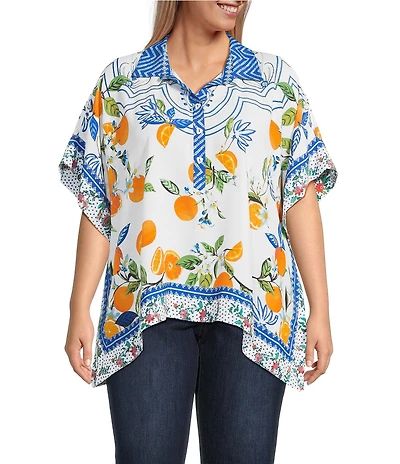 John Mark Plus Size Tropical Fruit Point Collar Short Sleeve Wide Tunic