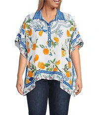 John Mark Plus Size Tropical Fruit Point Collar Short Sleeve Wide Tunic