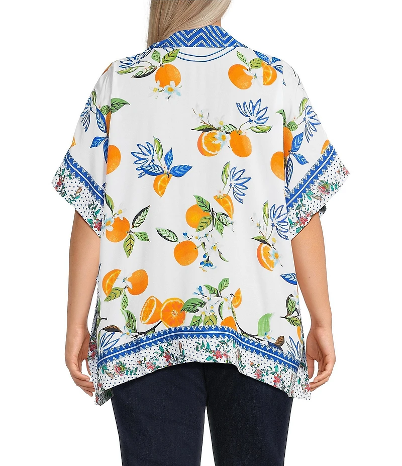 John Mark Plus Size Tropical Fruit Point Collar Short Sleeve Wide Tunic
