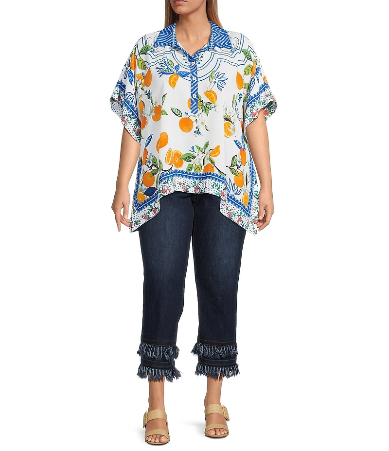 John Mark Plus Size Tropical Fruit Point Collar Short Sleeve Wide Tunic