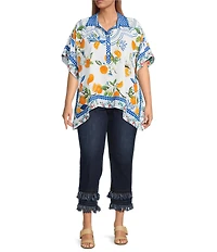John Mark Plus Size Tropical Fruit Point Collar Short Sleeve Wide Tunic