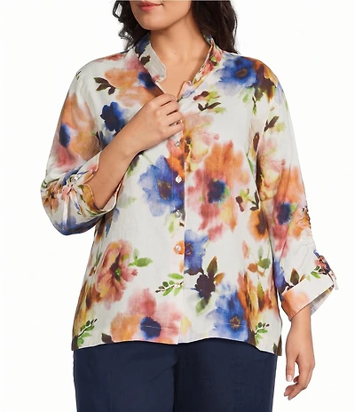 John Mark Plus Size Watercolor Floral Print Wire Collar 3/4 Cinch Tie Sleeve Button-Front Blouse