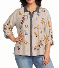 John Mark Plus Size Western Novelty Point Collar Long-Roll Tab Sleeve Snap Front Shirt