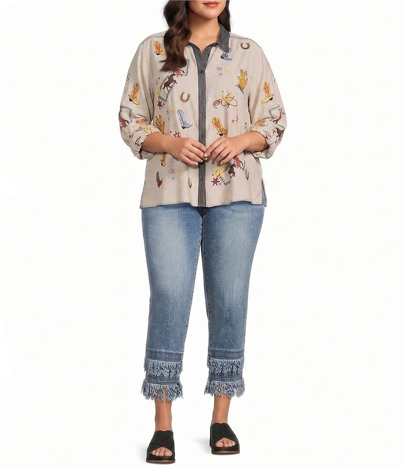 John Mark Plus Size Western Novelty Point Collar Long-Roll Tab Sleeve Snap Front Shirt