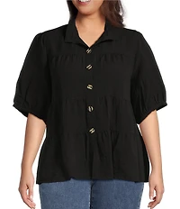 John Mark Plus Size Wire Collar Short Sleeve Tiered Button Front Top