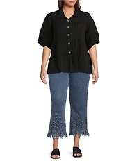 John Mark Plus Size Wire Collar Short Sleeve Tiered Button Front Top