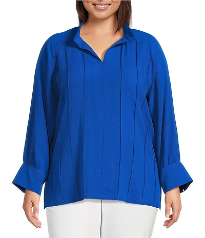 John Mark Plus Size Wire Collar Split V-Neck 3/4 Sleeve Pintuck Detail Top
