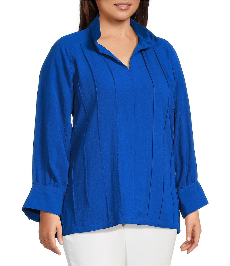 John Mark Plus Size Wire Collar Split V-Neck 3/4 Sleeve Pintuck Detail Top
