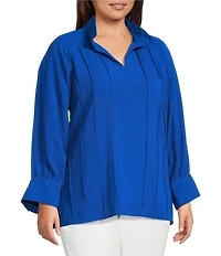 John Mark Plus Size Wire Collar Split V-Neck 3/4 Sleeve Pintuck Detail Top