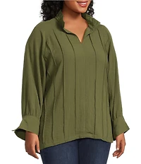 John Mark Plus Size Wire Collar Split V-Neck 3/4 Sleeve Pintuck Detail Top