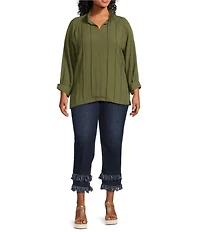 John Mark Plus Size Wire Collar Split V-Neck 3/4 Sleeve Pintuck Detail Top