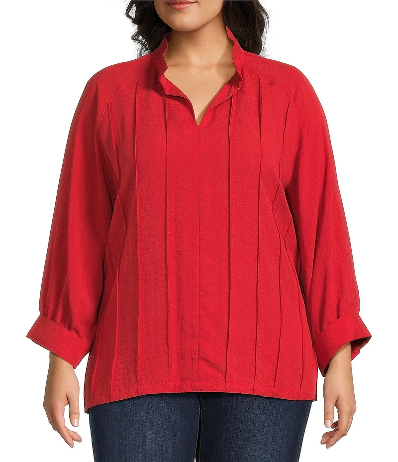 John Mark Plus Size Wire Collar Split V-Neck 3/4 Sleeve Pintuck Detail Top