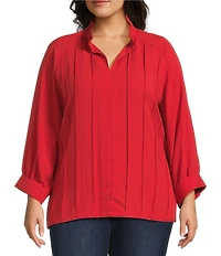 John Mark Plus Size Wire Collar Split V-Neck 3/4 Sleeve Pintuck Detail Top