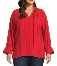 John Mark Plus Size Wire Collar Split V-Neck 3/4 Sleeve Pintuck Detail Top