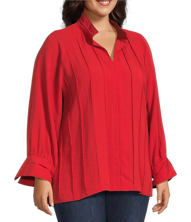 John Mark Plus Size Wire Collar Split V-Neck 3/4 Sleeve Pintuck Detail Top