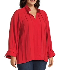 John Mark Plus Size Wire Collar Split V-Neck 3/4 Sleeve Pintuck Detail Top