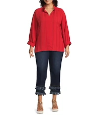 John Mark Plus Size Wire Collar Split V-Neck 3/4 Sleeve Pintuck Detail Top