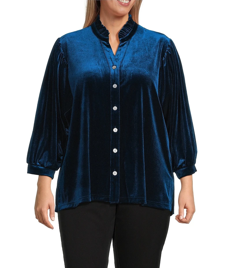 John Mark Plus Size Wire Ruffle Collar 3/4 Puff Sleeve Velvet Tunic