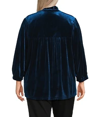 John Mark Plus Size Wire Ruffle Collar 3/4 Puff Sleeve Velvet Tunic