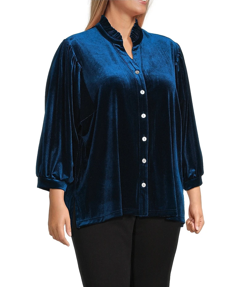 John Mark Plus Size Wire Ruffle Collar 3/4 Puff Sleeve Velvet Tunic