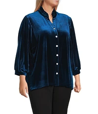 John Mark Plus Size Wire Ruffle Collar 3/4 Puff Sleeve Velvet Tunic