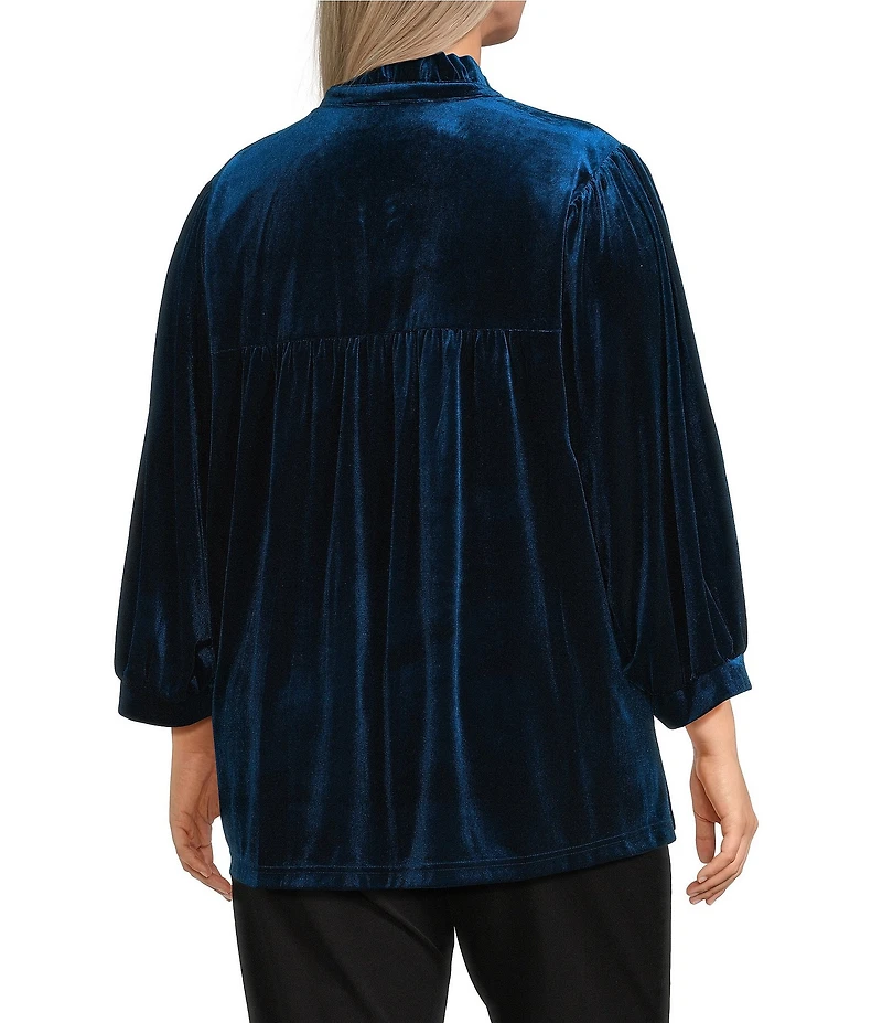 John Mark Plus Size Wire Ruffle Collar 3/4 Puff Sleeve Velvet Tunic