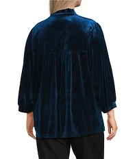 John Mark Plus Size Wire Ruffle Collar 3/4 Puff Sleeve Velvet Tunic