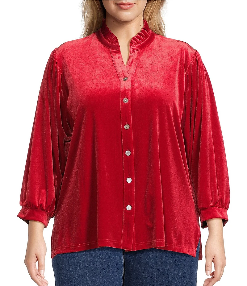 John Mark Plus Size Wire Ruffle Collar 3/4 Puff Sleeve Velvet Tunic