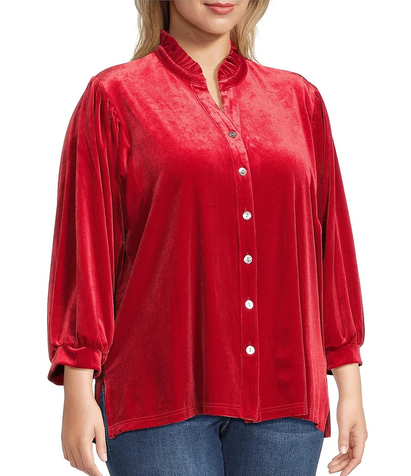 John Mark Plus Size Wire Ruffle Collar 3/4 Puff Sleeve Velvet Tunic