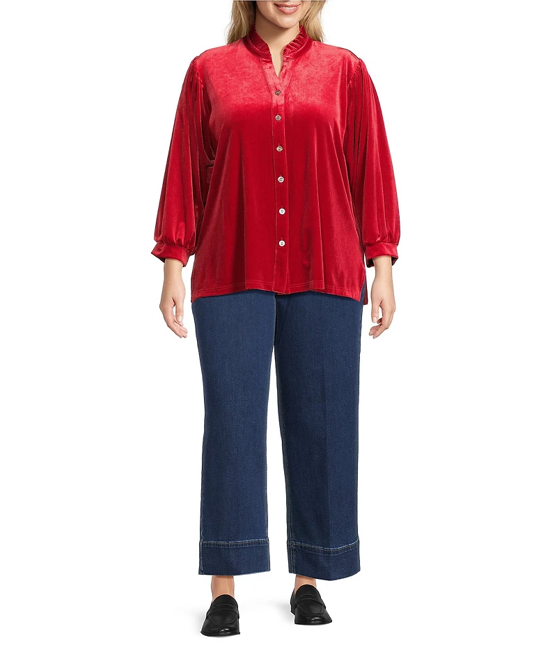 John Mark Plus Size Wire Ruffle Collar 3/4 Puff Sleeve Velvet Tunic