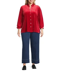 John Mark Plus Size Wire Ruffle Collar 3/4 Puff Sleeve Velvet Tunic