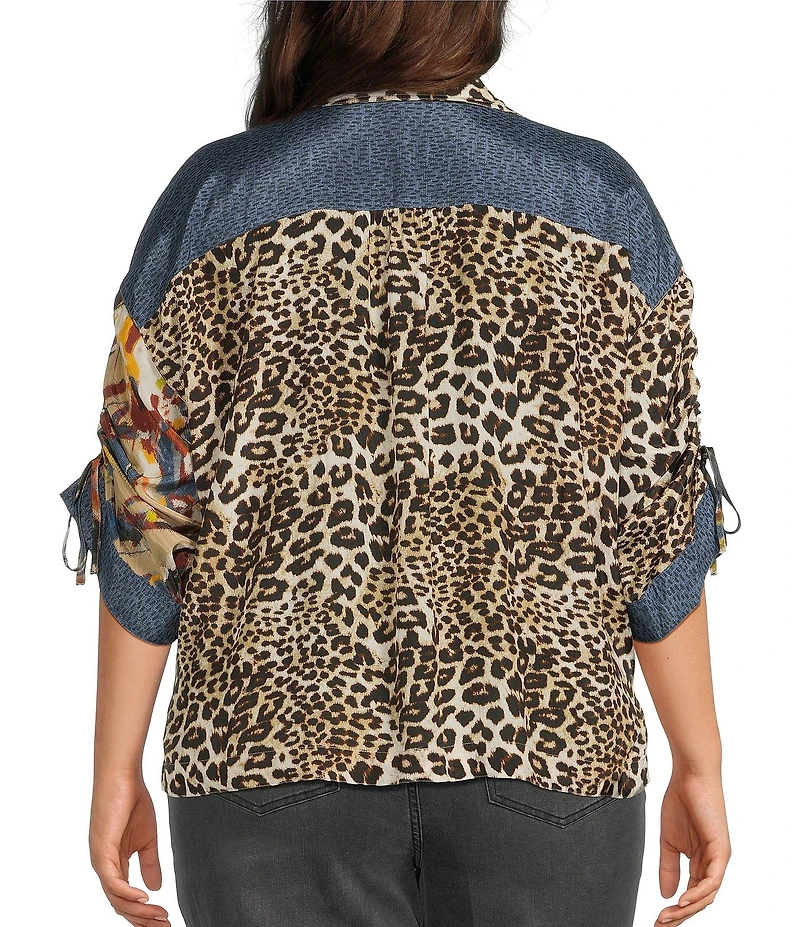 John Mark Plus Size Woven Abstract Animal Floral Print Point Collar 3/4 Dolman Sleeve Button Front Tie Blouse
