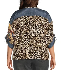 John Mark Plus Size Woven Abstract Animal Floral Print Point Collar 3/4 Dolman Sleeve Button Front Tie Blouse