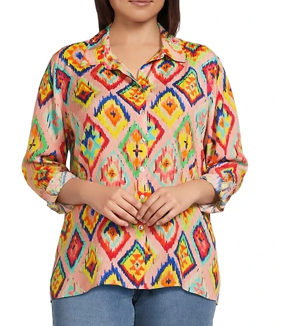John Mark Plus Size Woven Abstract Diamond Print Point Collar Long Roll-Tab Sleeve Button Front Tunic