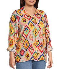 John Mark Plus Size Woven Abstract Diamond Print Point Collar Long Roll-Tab Sleeve Button Front Tunic