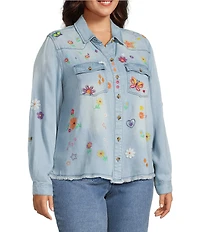 John Mark Plus Size Woven All Over Floral Embroidered Point Collar Long Roll-Tab Sleeve Button Front Blouse