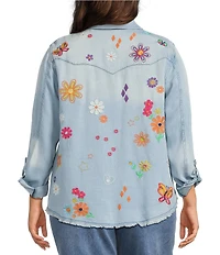 John Mark Plus Size Woven All Over Floral Embroidered Point Collar Long Roll-Tab Sleeve Button Front Blouse