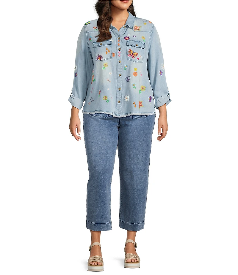 John Mark Plus Size Woven All Over Floral Embroidered Point Collar Long Roll-Tab Sleeve Button Front Blouse