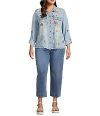 John Mark Plus Size Woven All Over Floral Embroidered Point Collar Long Roll-Tab Sleeve Button Front Blouse