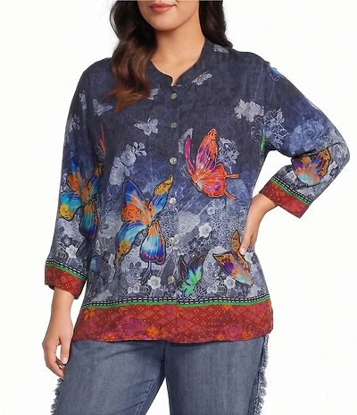John Mark Plus Size Woven Allover Butterfly Floral Print Button-Front Tunic